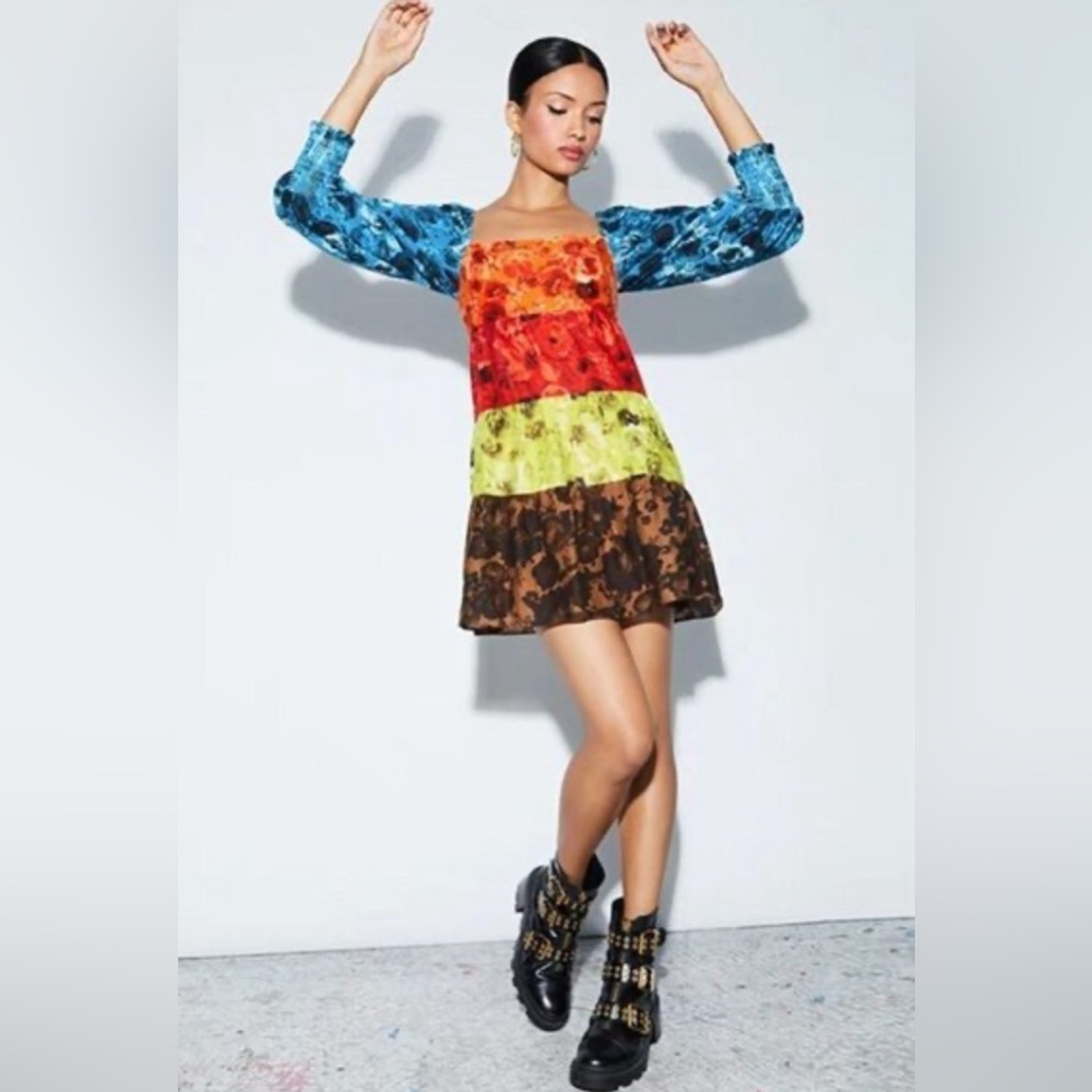 NWT Alice+Olivia Rowan Tiered Square Neck Long Sleeve Tie-Back Floral Mini Dress